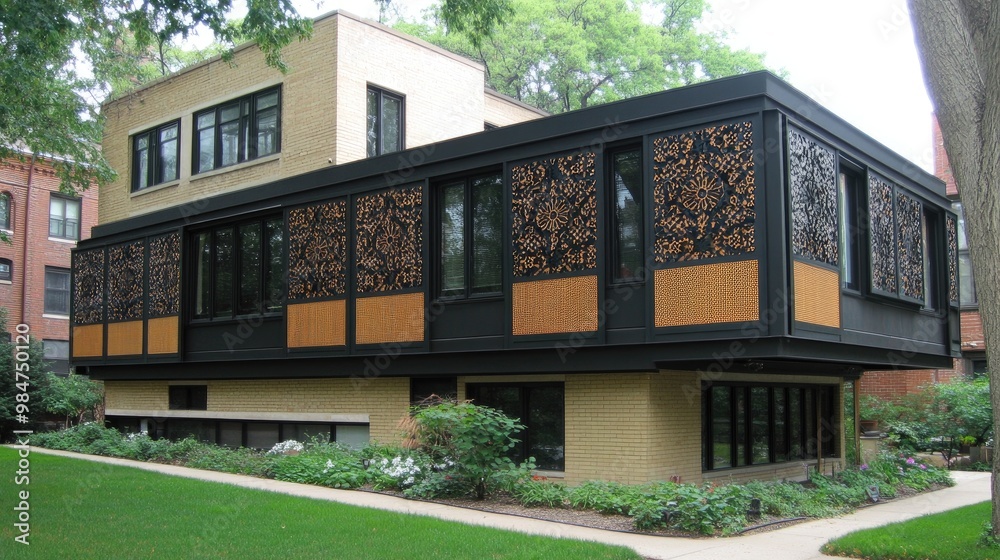 Obraz premium This contemporary Chicago residence features a striking beige brick facade with black accents and decorative wooden screens, complemented by vibrant green grass in the warm evening light