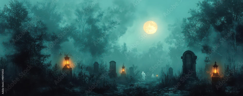 Eerie Halloween night in a misty graveyard with ghostly figures under a full moon illuminating the dark, mysterious landscape Eerie Halloween night in a misty graveyard with ghostly figures under a full moon illuminating the dark, mysterious landscape