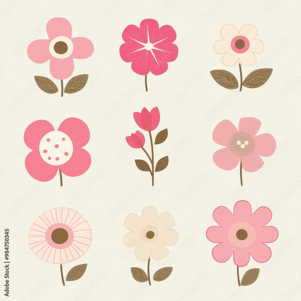Obraz premium A collection of colorful floral designs featuring various pink flowers with unique shapes and patterns, perfect for spring themes.