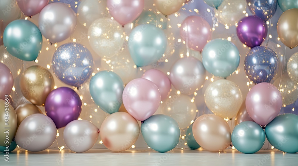 Metallic balloons, christmas or other events, confetti and ribbons. Birthday party, anniversary, new year. Metallic balloons, christmas or other events, confetti and ribbons. Birthday party, anniversary, new year.