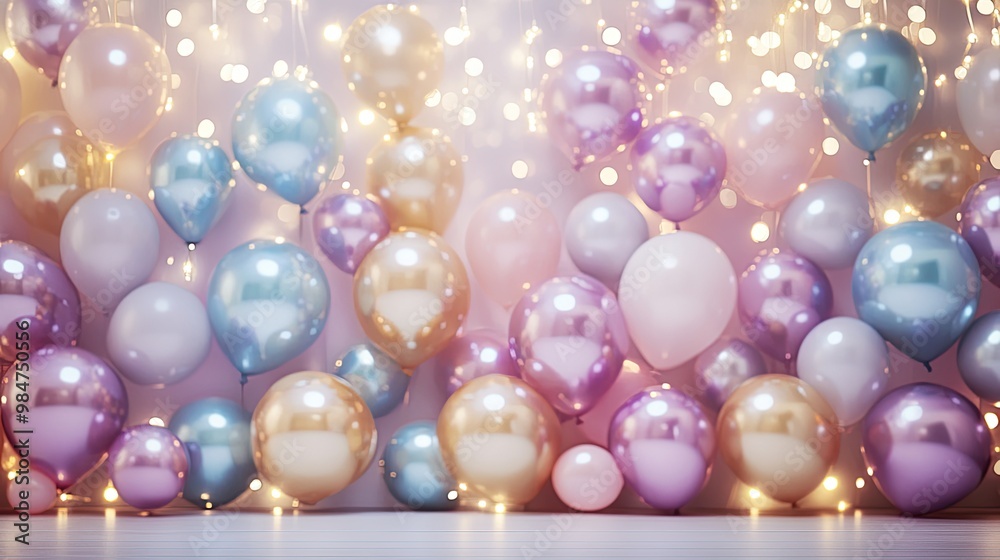 Metallic balloons, christmas or other events, confetti and ribbons. Birthday party, anniversary, new year. Metallic balloons, christmas or other events, confetti and ribbons. Birthday party, anniversary, new year.