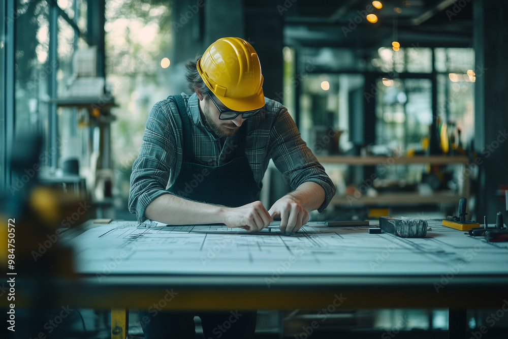 Portrait of civil engineer with yellow hard hat with blueprint on the table. Portrait of civil engineer with yellow hard hat with blueprint on the table.