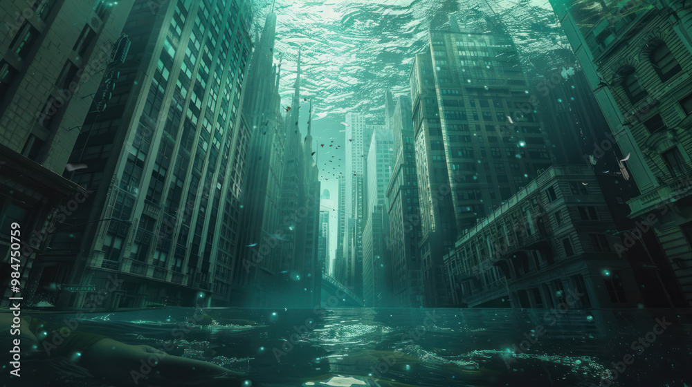 An entire city submerged in water except for the skyscrapers, with residents swimming between buildings to stay cool, blending urban life with a surreal aquatic environment An entire city submerged in water except for the skyscrapers, with residents swimming between buildings to stay cool, blending urban life with a surreal aquatic environment