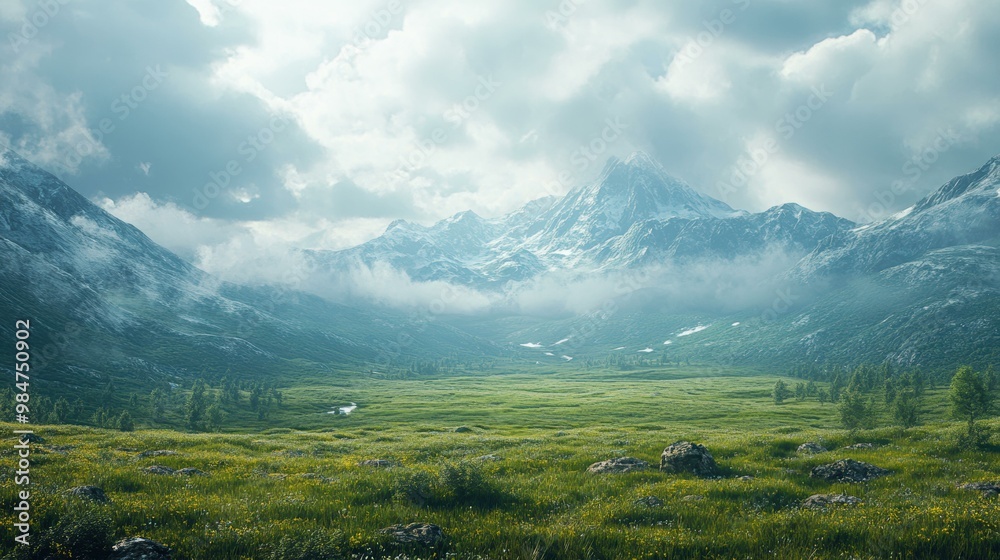 Fototapeta premium Majestic snow-capped mountain range with lush green valley and scattered wildflowers under partly cloudy sky, ideal for use in travel brochures, nature blogs, and outdoor adventure advertisements,
