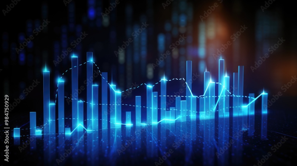 Abstract digital graph with glowing lines and bars against blurred city lights background. Abstract digital graph with glowing lines and bars against blurred city lights background.