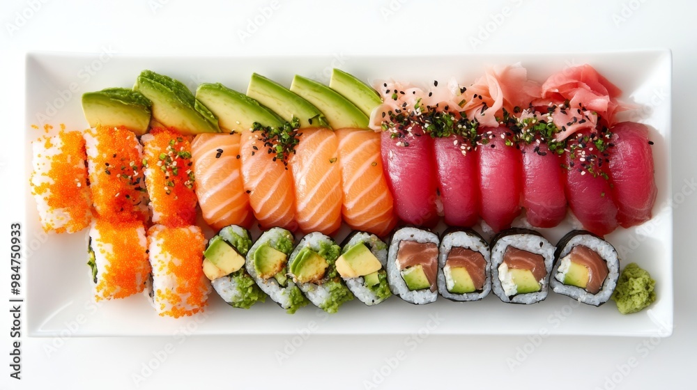 A top-down view of a sushi roll assortment, including tuna, salmon, and avocado rolls, arranged on a white plate with a white background.
