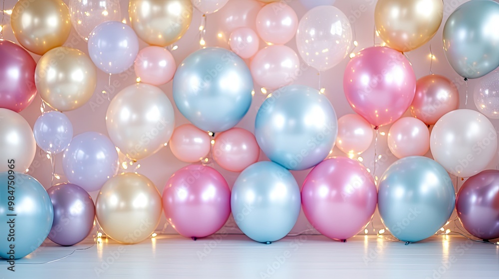Holiday background with metallic balloons, christmas or other events, confetti and ribbons. Birthday party, anniversary, new year.
