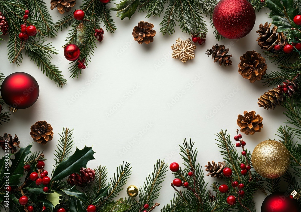 Festive Christmas border with pine branches, red and gold ornaments, pinecones, and holly berries on a white background ideal for holiday cards, invitations, and festive promotions,