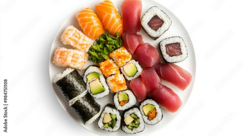 A top-down view of a sushi roll assortment, including tuna, salmon, and avocado rolls, arranged on a white plate with a white background. A top-down view of a sushi roll assortment, including tuna, salmon, and avocado rolls, arranged on a white plate with a white background.