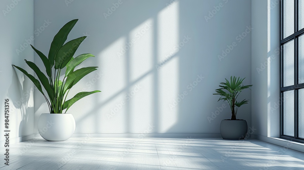 Minimalist design with two potted green plants casting shadows on a white interior wall, bathed in natural daylight from large windows, perfect for home decor websites or relaxation-themed content, Minimalist design with two potted green plants casting shadows on a white interior wall, bathed in natural daylight from large windows, perfect for home decor websites or relaxation-themed content,