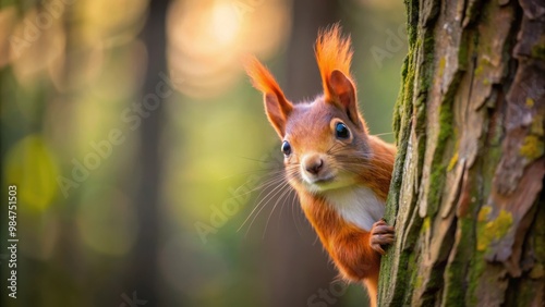 Curious red squirrel peeking behind a tree trunk in the forest