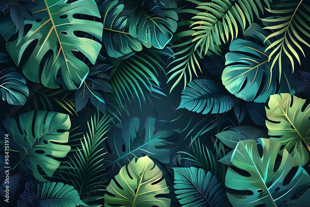 Naklejka premium Lush Tropical Foliage in Vibrant Green Hues