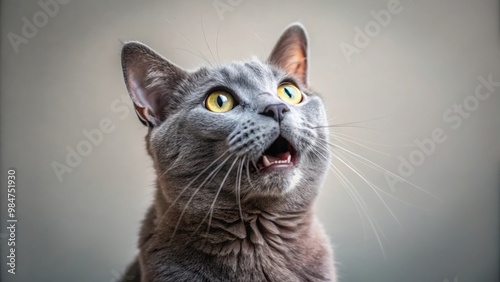 Close up of a gray cat looking up while meowing with mouth wide open