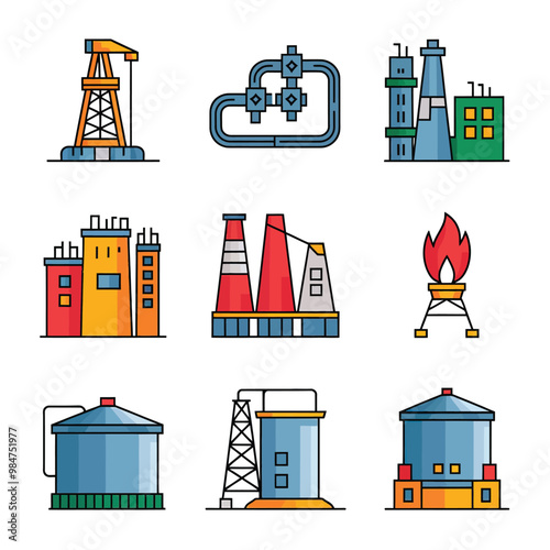 illustrations vector icon for oil and gas industry refinery process and building 
