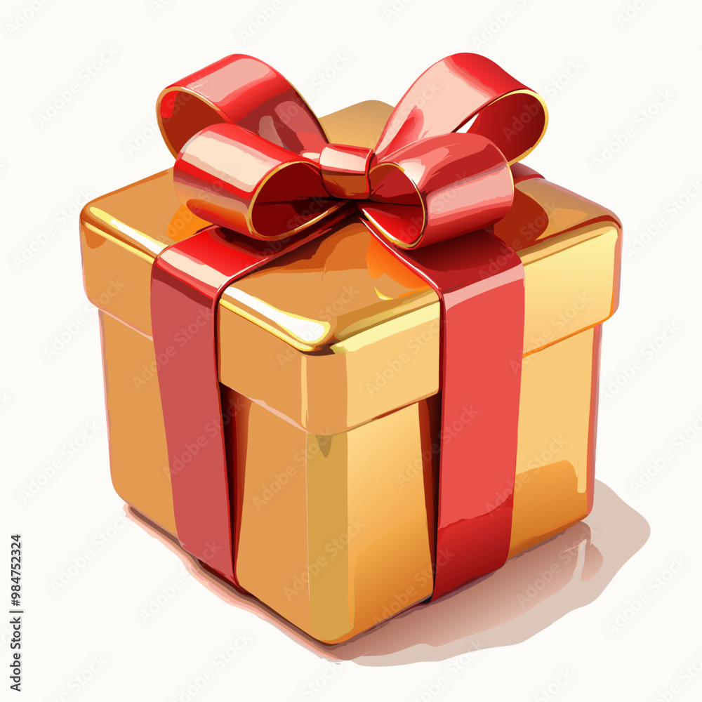 Shiny golden gift box with red ribbon for joyful celebrations and special occasions
