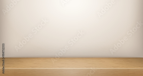 Vector Wooden Top Studio Room Scene Backdrop Mockup. Limbo Abstract 3d Product Presentation Background. Wall Shelf Minimalistic Promo Showcase Display Shelf Tabletop. Clear Podium Stage Template
