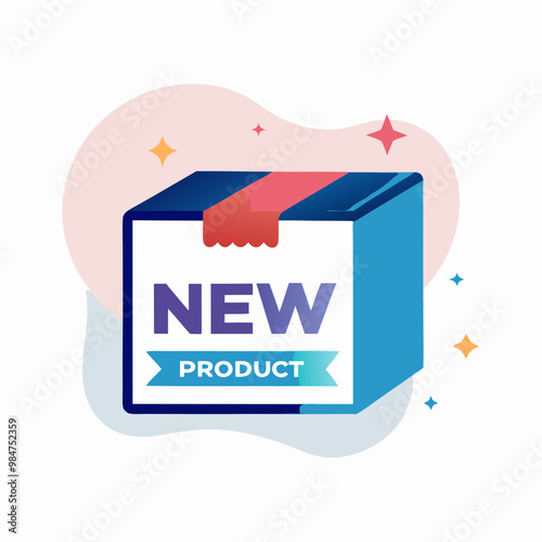 olorful new product box icon with ribbon and label in modern flat design
