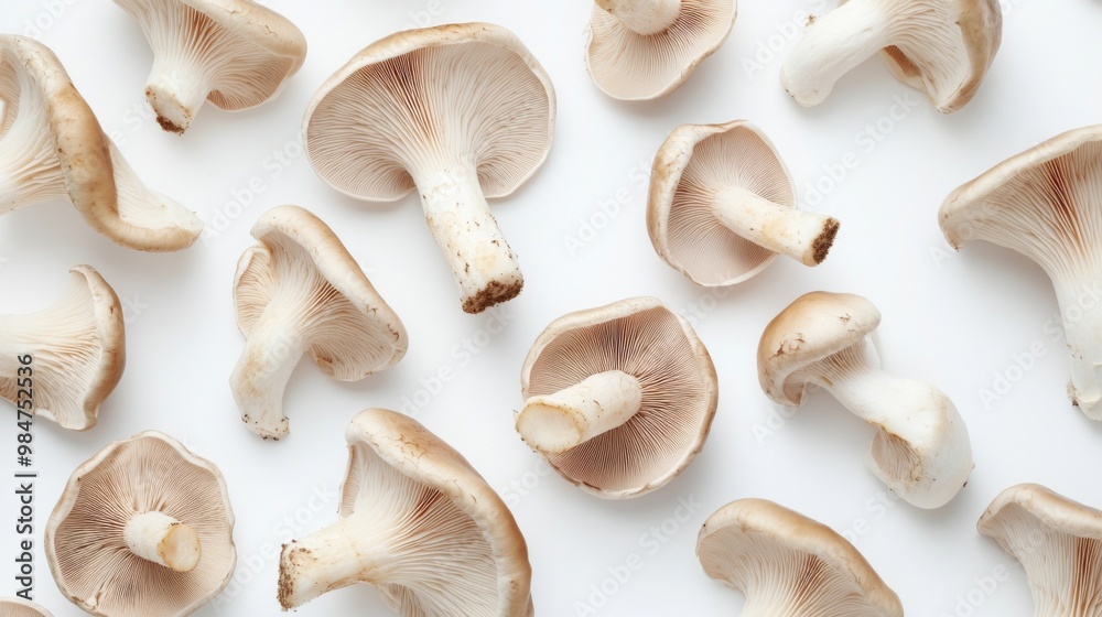 A top-down view of King oyster mushrooms scattered on a white background, their thick stems and wide caps creating an interesting visual contrast.