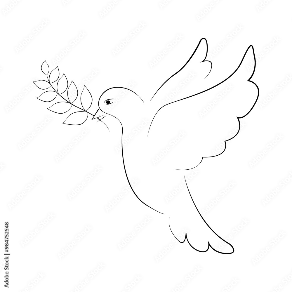 Dove peace. Symbol hope and striving for harmony. White dove holding an olive branch in its beak. New beginning and improvement of life. Bird of happiness. Dove peace. Symbol hope and striving for harmony. White dove holding an olive branch in its beak. New beginning and improvement of life. Bird of happiness.