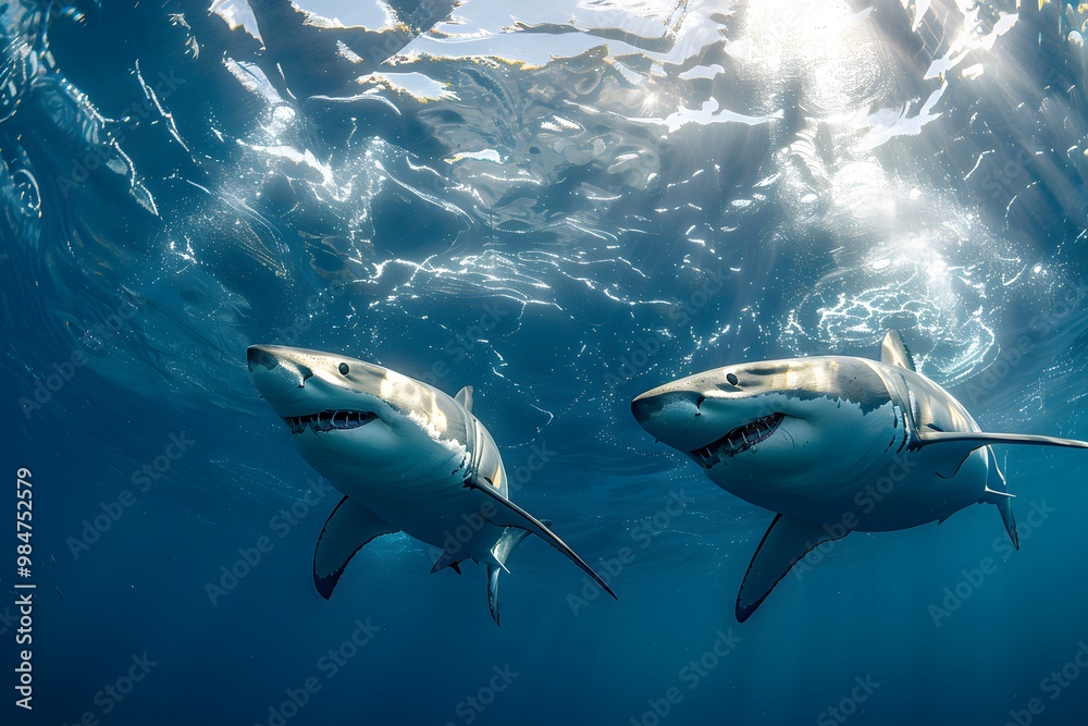 Fototapeta premium Majestic Great White Sharks Gliding Through Crystal Clear Waters