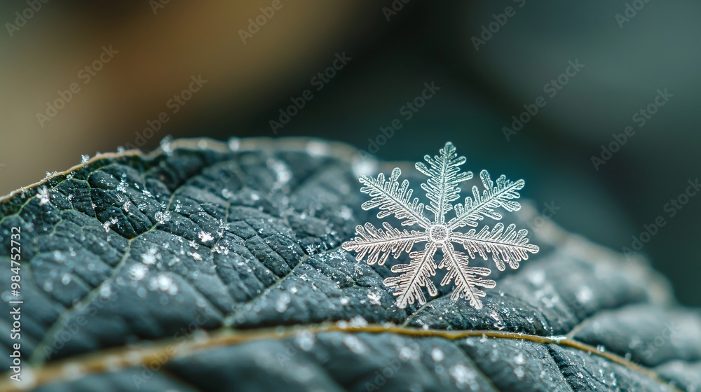 Snowflake on Leaf Captured in Winter Atmosphere Snowflake on Leaf Captured in Winter Atmosphere