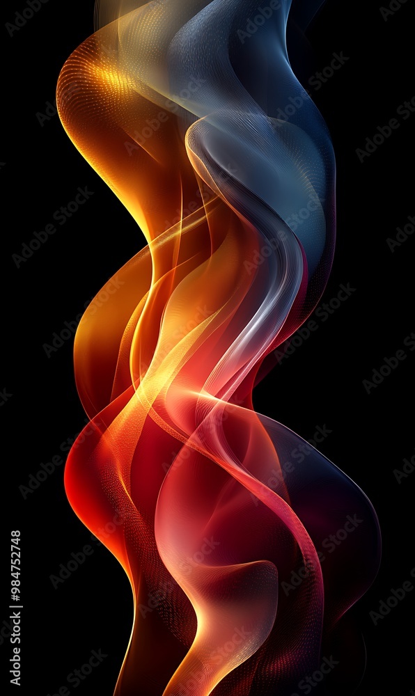 Abstract flowing lines of red, orange, and blue light against a black background. Abstract flowing lines of red, orange, and blue light against a black background.