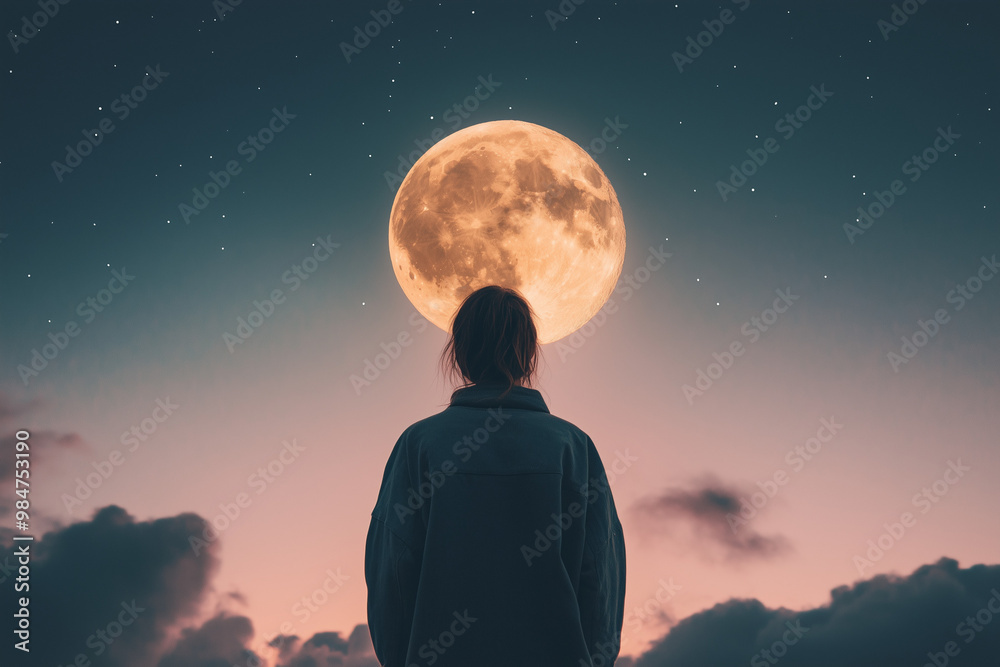 Selective focus woman with full moon at dusk time, Portrait of woman standing on the mountain and watch the full moon. Selective focus woman with full moon at dusk time, Portrait of woman standing on the mountain and watch the full moon.