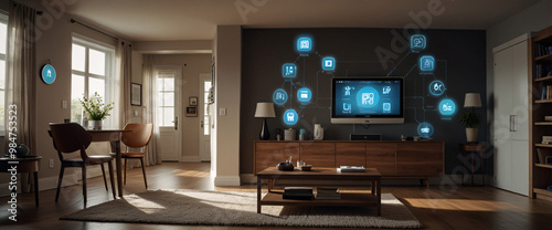 illustrate the concept of the Internet of Things with an image of a smart home, featuring various connected devices and appliances, shot from a low angle with a wide-angle lens