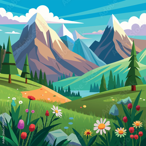 A vector illustration depicting a panoramic view of a mountain landscape, complete with flowers and trees in a beautiful meadow