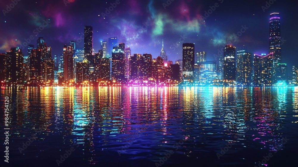 Fototapeta premium City Night Skyline with Lights Reflecting Off Water