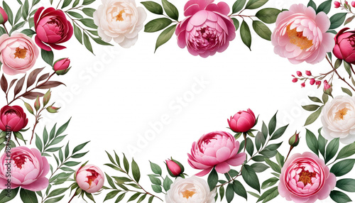 Obraz na płótnie leaves background roses garden red wallpaper peonies botanic white border illustration olated branches watercolor flowers collection pink rose botanical bouquet tree branch bunch peony collection w salonie