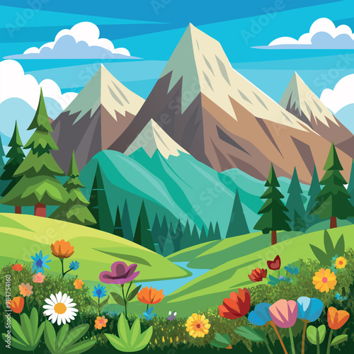 A vector illustration depicting a panoramic view of a mountain landscape, complete with flowers and trees in a beautiful meadow