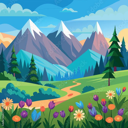 A vector illustration depicting a panoramic view of a mountain landscape, complete with flowers and trees in a beautiful meadow