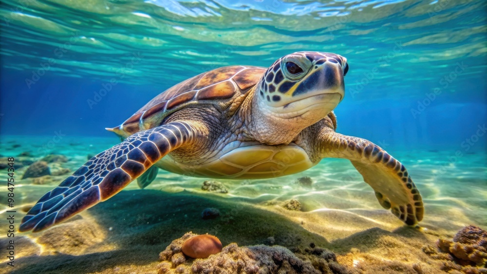 Fototapeta premium A close-up photo of a Chelonia mydas green sea turtle on the island of Cyprus