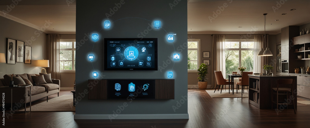 illustrate the concept of the Internet of Things with an image of a smart home, featuring various connected devices and appliances, shot from a low angle with a wide-angle lens illustrate the concept of the Internet of Things with an image of a smart home, featuring various connected devices and appliances, shot from a low angle with a wide-angle lens