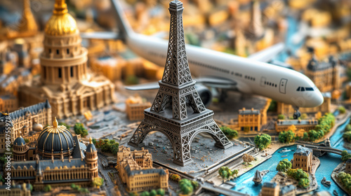 A miniature Eiffel Tower and airplane create travel themed scene photo