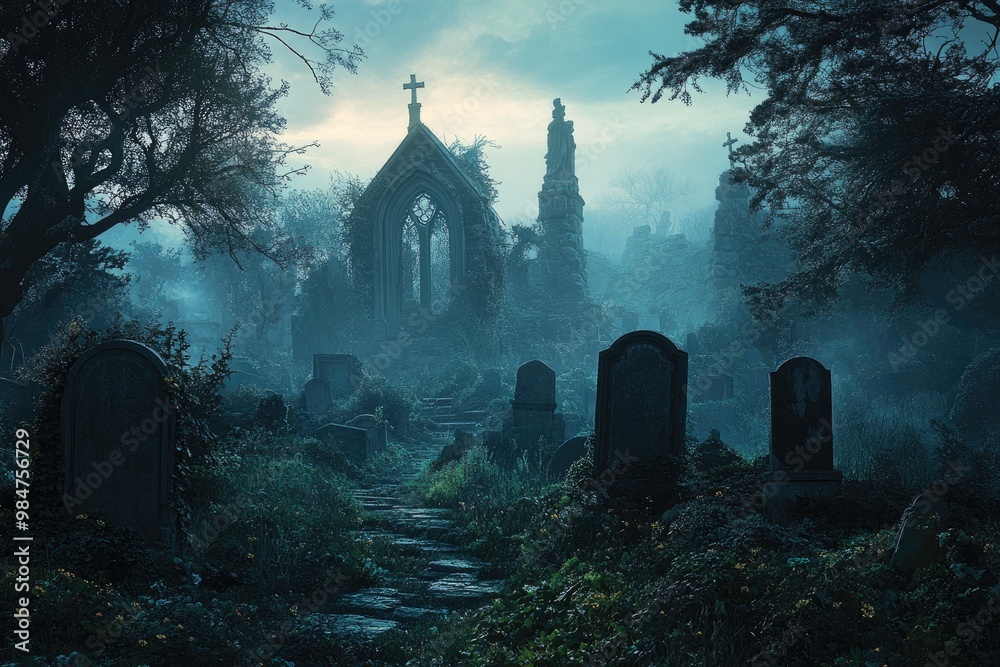 A Stone Pathway Leading to a Ruined Church in a Foggy Graveyard A Stone Pathway Leading to a Ruined Church in a Foggy Graveyard