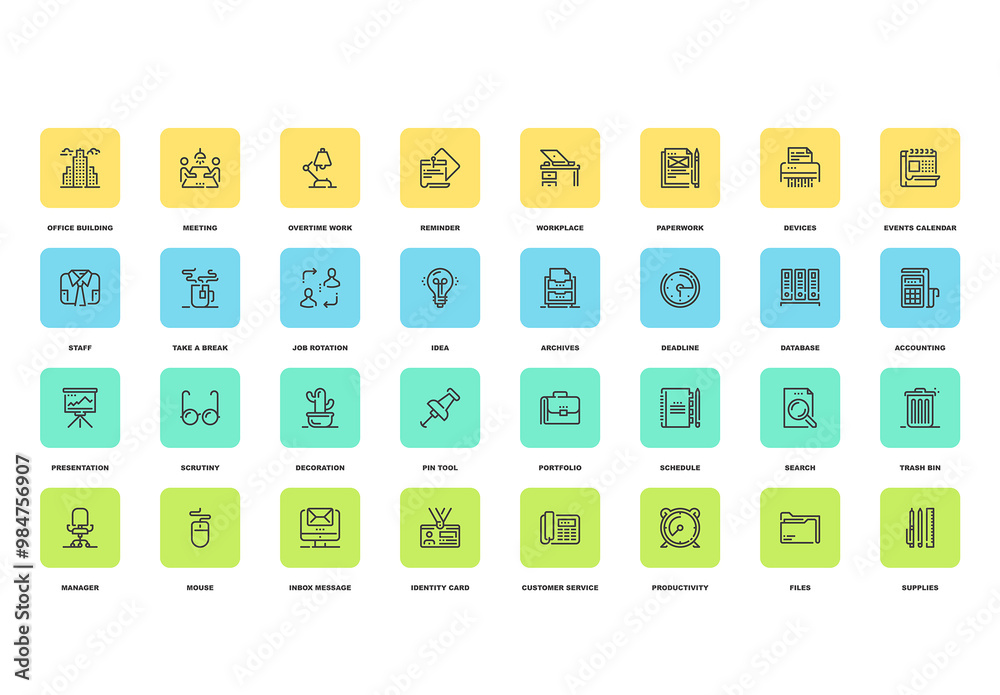 Vector set of office and business flat line web icons. Each icon with ...
