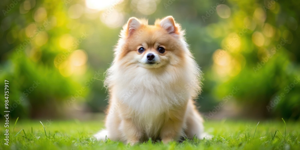 Adorable small pomeranian dog with fluffy coat sitting on grass in a garden Adorable small pomeranian dog with fluffy coat sitting on grass in a garden
