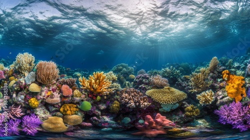 A vibrant coral reef underwater, showcasing a colorful array of corals and marine life against the clear, blue ocean water