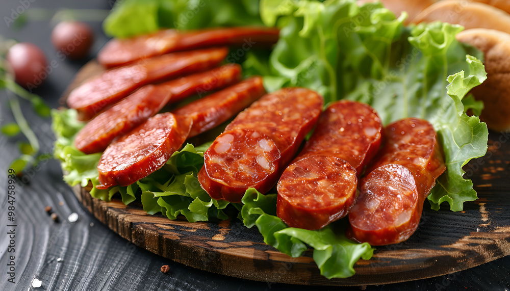 Slices of delicious boiled sausage with lettuce on dark wooden table, closeup Slices of delicious boiled sausage with lettuce on dark wooden table, closeup