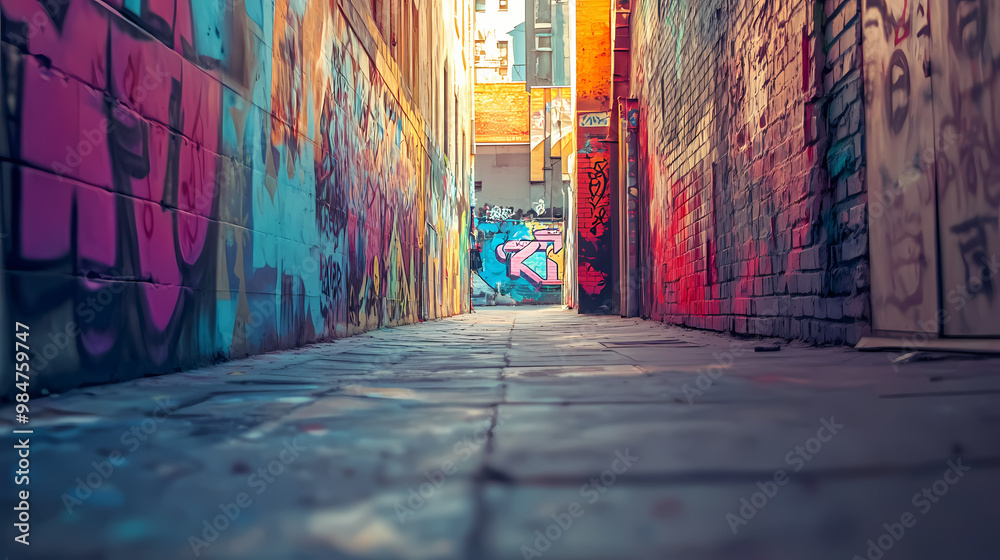 Fototapeta premium Colorful graffiti art lines the walls of a narrow alleyway in the city. Graffiti Alley. Illustration