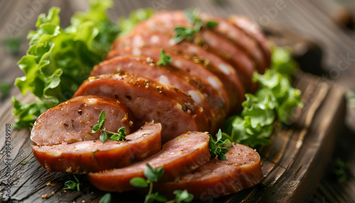 Slices of delicious boiled sausage with lettuce on dark wooden table, closeup