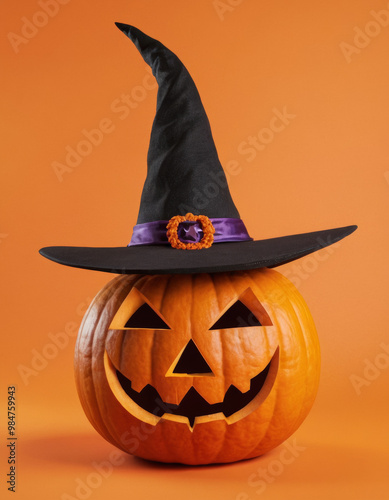 Jack-o'-lantern pumpkin wearing a witch's hat with bat decorations on an orange background. Perfect for Halloween decor ideas and themed graphic designs. photo