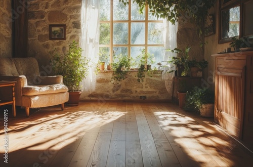 Sunlight Streaming Through a Window in a Rustic Cabin