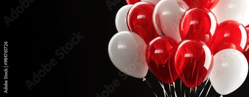 A big bunch of red and white balloons on a black background, Festive party atmosphere. Celebrations photo