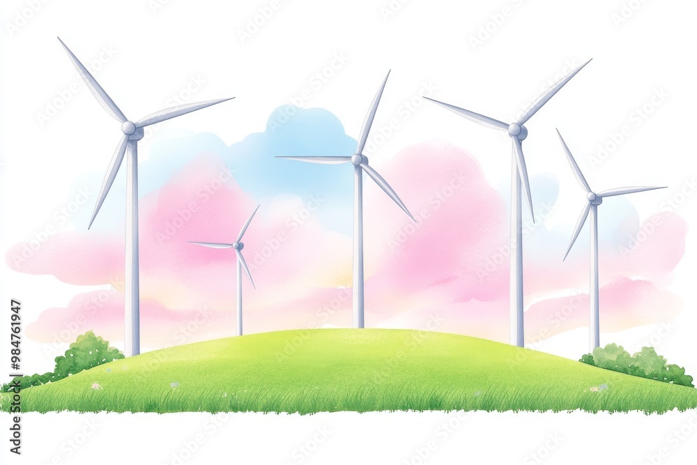 Fototapeta premium A serene landscape featuring wind turbines on a green hill under a pastel sky, symbolizing renewable energy and sustainability.