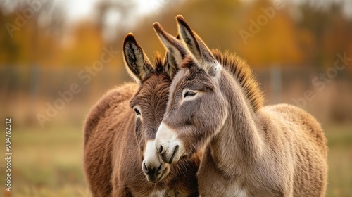 Two Donkeys Huddled Together in Autumnal Field