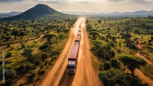 Logistics challenges in rural areas, with trucks navigating dirt roads and remote locations to deliver essential supplies