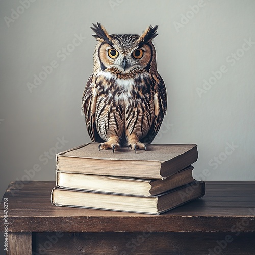 Wallpaper Mural An owl, the symbol of pedagogy, perched atop a stack of books, representing knowledge and education, perfect for academic or educational themes Torontodigital.ca